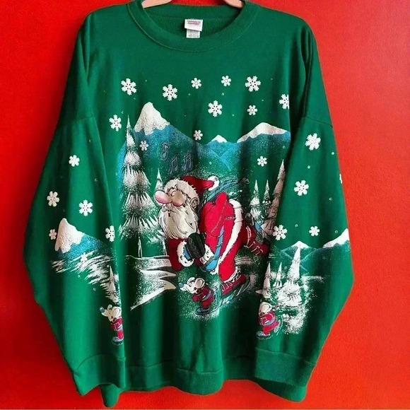 Vintage 90s puffy paint skiing Santa Christmas pullover size 22W - Picture 1 of 7